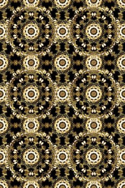 Noel, kar tanesi, yeni yıl 2019. Siyah, kahverengi ve bej renkler altın elemanları ile Dikişsiz vintage desen.