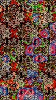 Retro tekstil tasarım koleksiyonu. 1950-1960 motifleri. Çiçekli ipek eşarp. Kahverengi üzerine kahverengi. El çizimi çiçek elementleri ile soyut çizim raster deseni.