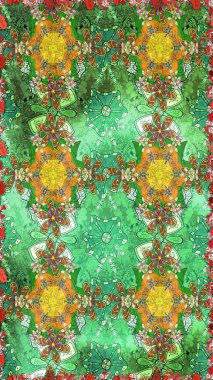 Güzel kumaş deseni. Raster illüstrasyonu. Raster illüstrasyonundaki çiçek desenli çizim. Yeşil renklerde.