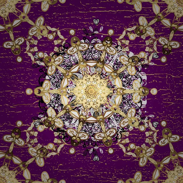 Klasik oryantal desen, mor ve beyaz renklerin üstündedir. Geleneksel raster ve altın desen. Damask pürüzsüz süsü.