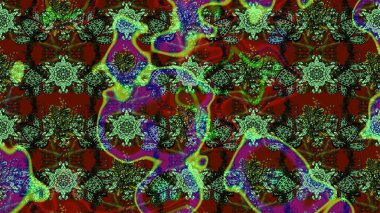 Parmak izi, kumaş, duvar kâğıdı, tekstil için raster dokusu. Renkli grunge, koyu yeşil ve kırmızı çiçeklerle soyut bir arka plan oluşturur. Nakış desenli çiçek deseni..