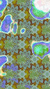 Yeşil ve mavi renkli Asya tekstili. Çiçek desenli çizim. Raster illüstrasyonu.