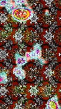 Asya tekstil tarzında. Raster illüstrasyonu. Çiçek desenli çizim. Raster illüstrasyonu. Gri ve kahverengi renkte çiçekler.