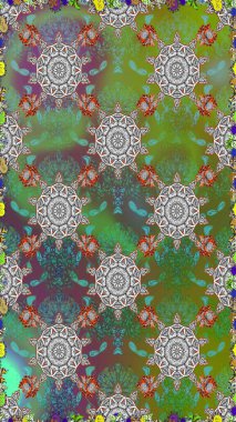 Moda baskıları için zarif bir şablon. Parlak renkli çiçekleri ve yeşil ve gri renkte yaprakları olan şaşırtıcı, pürüzsüz çiçek deseni. Modern çiçek arkaplanı. Halk stili.