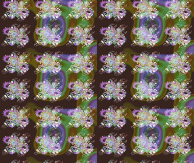 Raster illüstrasyonu. Mor ve yeşil renkte yaprakları olan yabani çiçekler. Suluboya, elle çizilmiş. Taslak arkaplan deseni.