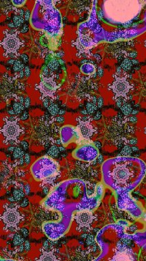 Çiçekli karalama şeklinde Raster çiçek deseni. Kibar, bahar çiçekleri kırmızı ve kahverengi renklerde. Raster illüstrasyonu.