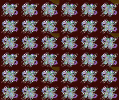 Kahverengi ve mavi kıvırcık çiçekler kahverengi ve mavi renklerde şekillenir. Klasik çiçek tasarımı elementleri. Raster illüstrasyonu.