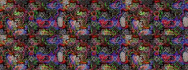 Renkli Bahar Teması eskiz kalıbı. Raster illüstrasyonu. Güzel kumaş deseni. Zentangle soyut çiçekleri. Düz Çiçek Elementleri Tasarımı. Çiçek tozu..