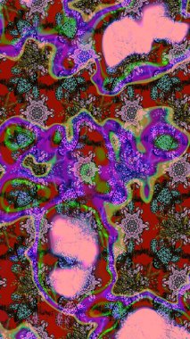 Çiçek duvar kağıdı. Çizim kalıbı. Pembe ve kırmızı renklerde. Renkli süs kenarı. Hint süsü. Raster illüstrasyonu.