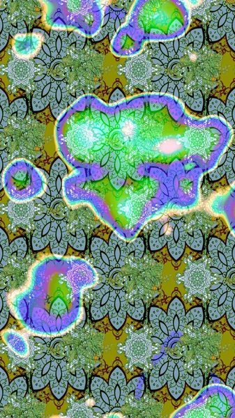 Tekrarlayan çiçek arkaplanı, zarif yeşil ve mavi çiçek duvar kağıdı. Yeşil ve mavi renkler üzerine çiçek desenli çizim, el yapımı papatyalar, papatyalar.