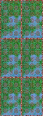 Raster illüstrasyonu. Çiçeklerle suluboya desenli çiçek deseni. Yeşil ve mavi renkli güzel tekstil..