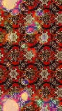 Raster illüstrasyonu. Güzel kumaş deseni. Raster illüstrasyonundaki çiçek desenli çizim. Kahverengi ve kırmızı renklerde.