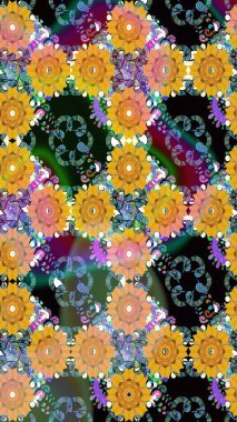 Çiçek ve yapraklı karalama şeklinde Raster çiçek deseni. Sarı ve mavi renklerde bahar çiçekleri. Raster illüstrasyonu.