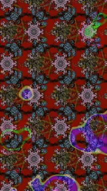 Soyut etnik raster çizim kalıbı. Vadinin kırmızı ve kahverengi renkli çiçekleri. Çiçekler..