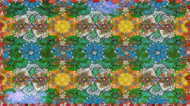 Çiçekli, suluboya desenli kusursuz çiçek deseni. Raster illüstrasyonu. Renkli Bahar Temalı Kusursuz Arkaplan. Düz Çiçek Elementleri Tasarımı. Yeşil ve mavi renkte çiçekler.