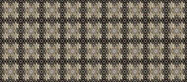 For your design, wallpaper. Raster geometric background. Golden color seamless illustration. Golden seamless pattern on gray, beige and brown colors with golden floral elements.