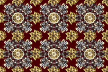 Tekrarlayan elementlerle soyut arkaplan oluşturun. Kahverengi, bej ve gri renklerde altın sarısı elementler. Kusursuz damaske klasik altın desen. Raster illüstrasyonu.