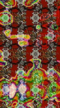 Raster illüstrasyonu. Şirin çiçekli eskiz deseni ve kırmızı ve kahverengi renkli yapraklar, suluboya çiçek deseni, duvar kağıdı, kart veya kumaş için fayanslı.