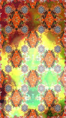 Parmak izi, kumaş, duvar kâğıdı, tekstil için raster dokusu. Renkli grunge, soyut arka planda kolokahverengi ve turuncu çiçeklerle zenginleşir. İşlemeli çiçek desenli..