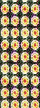 Raster illüstrasyonu. Eskiz geçmişi. Eski usul. Renkli desenli eskiz deseni, sarı ve yeşil çiçekler ve dekoratif elementler. Kumaş, tekstil ve duvar kağıdı baskısı için..