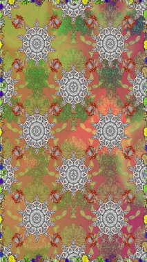 Kusursuz çiçek deseni. Raster illüstrasyonu. Asya tekstil tarzında. Renkli Bahar Temalı Kusursuz Arkaplan. Düz Çiçek Elementleri Tasarımı. Güzel kumaş deseni.