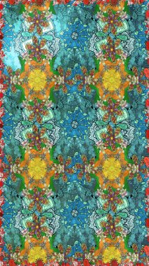 Mavi renkte etnik çiçeklerle süslenmiş zarif bir eskiz. Raster Çiçek İllüstrasyon Şirin Tekstil.