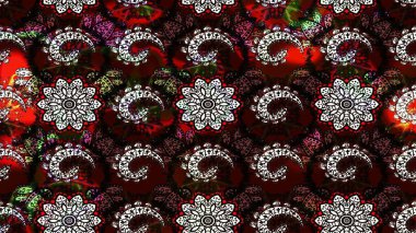 Raster illüstrasyonu. Eski usul. Renkli desenli eskiz deseni, siyah ve kahverengi çiçekler ve dekoratif elementler. Eskiz geçmişi. Kumaş, tekstil ve duvar kağıdı baskısı için..