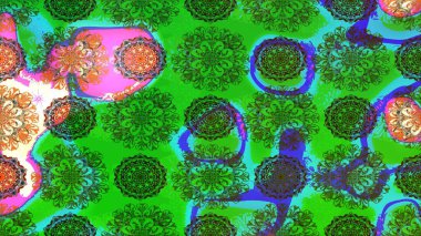 Raster illüstrasyonundaki çiçek desenli çizim. Düz Çiçek Elementleri Tasarımı. Renkli Yaz Temalı eskiz kalıbı. Yeşil renkte çiçekler.