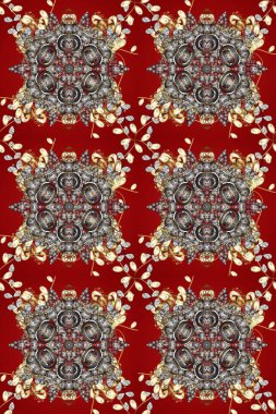 Raster illüstrasyonu. Altın elementli kırmızı, gri ve kahverengi renklerde klasik, pürüzsüz desen.