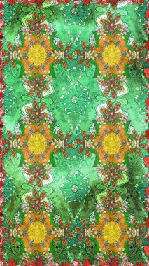 Raster illüstrasyonu. Raster illüstrasyonundaki çiçek desenli çizim. Güzel kumaş deseni. Yeşil renklerde.