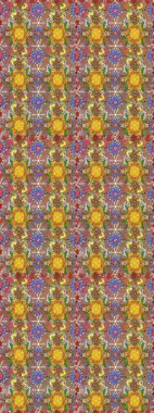 Kusursuz bir geçmişi var. Raster illüstrasyonu. Eski usul. Renkli şal desenli, kahverengi çiçekli ve dekoratif elementli kusursuz desen. Kumaş, tekstil ve duvar kağıdı baskısı için..