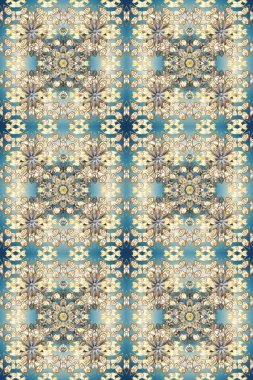 Kusursuz damaske klasik altın desen. Tekrarlayan elementlerle soyut arkaplan oluşturun. Bej, nötr ve mavi renklerde altın sarısı elementlerle altın pürüzsüz desen. Raster illüstrasyonu.
