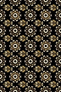 Altın elementlerle siyah, bej ve kahverengi renklerde altın desen. Çiçek kiremitleri. Raster altın tekstil baskısı. İslam tasarımı. Desensel oryantal süs.