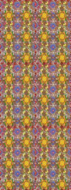 Kusursuz bir geçmişi var. Raster illüstrasyonu. Eski usul. Renkli şal desenli, kahverengi çiçekli ve dekoratif elementli kusursuz desen. Kumaş, tekstil ve duvar kağıdı baskısı için..