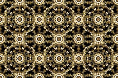 Siyah, kahverengi ve bej renkler altın elemanları ile Dikişsiz vintage desen. Noel, kar tanesi, yeni yıl 2019.