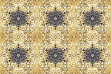 Raster Golden Mehndi kusursuz desen. Kına dövmeli süs çiçekleri, altın çıkartmalar, mehndi ve yoga tasarımı, kartlar ve parmak izleri. Bej, nötr ve gri renkte desen.