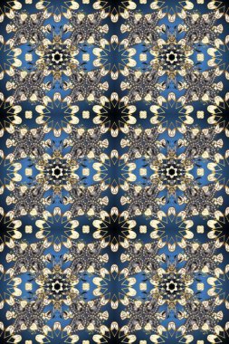 Raster illüstrasyonu. Oriental raster klasik mavi, gri, bej ve altın desenli. Kusursuz soyut arkaplan.