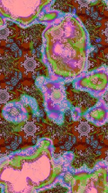 Varisolokahverengi ve pembe raster çizimi. Küçük çiçekteki sevimli çiçek deseni. Birçok kahverengi ve pembe soyut çiçekli tropik çizim deseni.