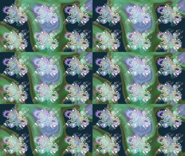 Çiçek yeşili ve mavi çizim deseni. Klasik taslak çizimi. Raster Yumuşak kumaş deseni. Raster çiçek izi..