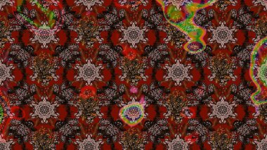 Raster illüstrasyonu. Kahverengi, kırmızı ve siyah renkte çiçekler. Şatafatlı bahar bahçesi dokusu. Çiçek deseni. Kahverengi, kırmızı ve siyah renkler üzerine çiçek çizimi.