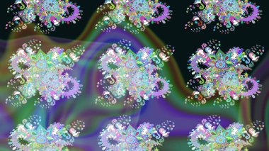 Parlak çiçekli gri ve yeşil renkler üzerine soyut çizim deseni. Çiçeksel elementlerle süslenmiş zarif raster dokusu. Küçük çiçekte şirin bir çiçek deseni var..