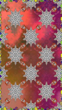 Yatak çarşafları, ceket, paket tasarımı, kumaş ve moda kavramları için tekstil baskısı. Kusursuz etnik tasarım. Çiçekleri, deniz kabukları, mandalaları ve suluboya efektleri olan deniz altyapısı.