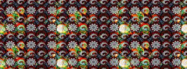 Raster deseni. Bahar çiçekleri dallı desen, siyah ve kırmızı renkler çiçekli siluet.