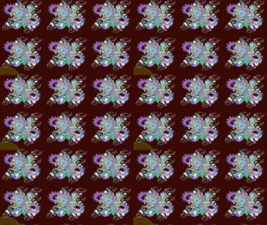 Raster illüstrasyonu. Kahverengi ve mavi kıvırcık çiçekler kahverengi ve mavi renklerde şekillenir. Klasik çiçek tasarım elementleri.