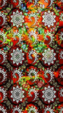 Parlak renkli çiçekleri ve siyah ve kırmızı renkte yaprakları olan harika bir çiçek deseni. Halk tarzı. Moda baskıları için zarif bir şablon. Modern çiçek arkaplanı.