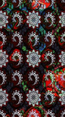 Raster Floral Illustration, Asyalı tekstil. Siyah ve kahverengi renkli etnik çiçeklerle zarif bir eskiz deseni..