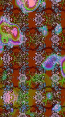 Raster illüstrasyonu. Çiçek süslemeli çizim deseni. Kahverengi ve yeşil renkte çiçekler.