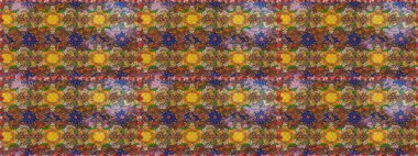 Eskiz arkaplan modeli. Yapraklı çiçekler ve kahverengi ve yeşil renklerde papatya çiçekleri. Raster - stok.