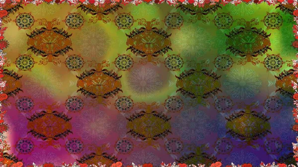 Raster Çiçek İllüstrasyonu 'nun şirin tekstili. Kahverengi ve yeşil renklerde etnik çiçeklerle kusursuz bir desen..