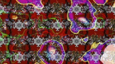 Çok renkli, kırmızı ve kahverengi zarif küçük çiçekler ve gri, kırmızı ve kahverengi renkli komik böcekler, raster deseni, illüstrasyon.